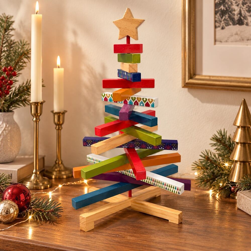 Colorful Wooden Swivel Slat Tabletop Christmas Tree Star Holiday Decor